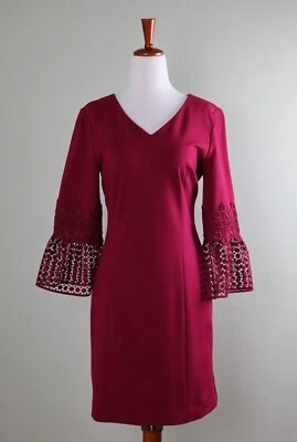 TALBOTS $158 Red Ponte Stretch V-Neck Lace Bell Sleeve Sheath Dress Size 4 - Image 1 of 4