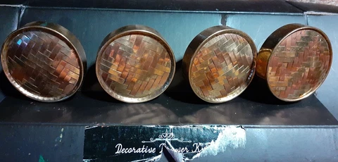 4 Vintage Round Metal gold/copper Chevron style Dresser Knobs basket weave Cover