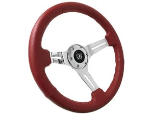 VSW 14 inch Red Leather Steering Wheel, 6-Bolt Chrome Spoke, 2.5 inch Dish - Picture 1 of 8