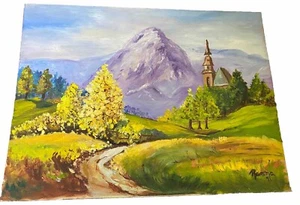 Original Signed Painting Landscape Purple Mountain Church 16” By 12” - Picture 1 of 1
