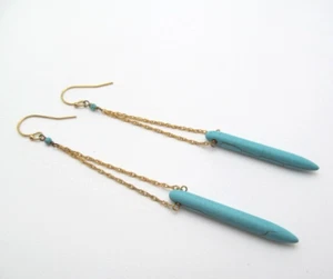 14K GF Yellow Gold Fill Turquoise Howlite Spike Twist Chain Long Dangle Earrings - Picture 1 of 4