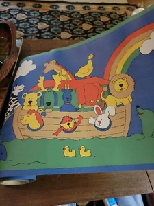 Vintage Noah's Ark Prepasted Wallpaper Border Animals Boat Rainbow - Picture 1 of 7