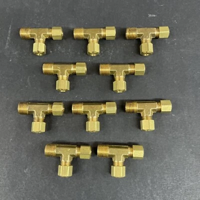 10 pcs - Brass Compression Male Run Tee, 1/4" Comp  x 1/4” Comp x 1/4” Male Pipe - Image 1 of 3