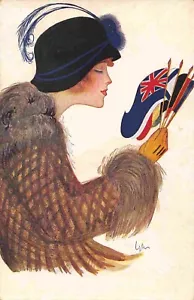 Hermoso sombrero de pluma de dama beso soplando banderas de la Primera Guerra Mundial artista DGM Italia postal - Imagen 1 de 2