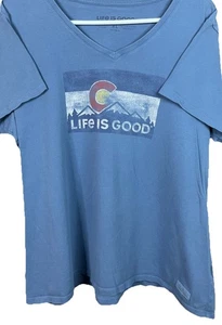 Life Is Good T-Shirt Blue V Neck Colorado Logo Outdoor Woman’s Size XL - Picture 1 of 14