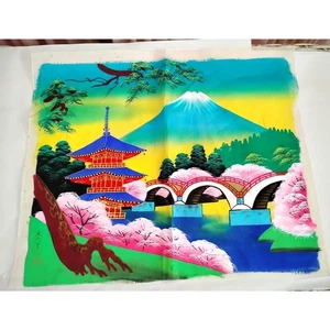 Pintura de seda japonesa vintage años 50 60, Mt. Fuji, pagoda y flores de cerezo - Imagen 1 de 4