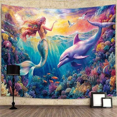 Fantasie Ozean Meerjungfrauen und Delfine Poster XXL Wandteppich Wandbehang  - Bild 1 von 4