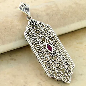 GENUINE RUBY 925 STERLING SILVER ART DECO STYLE FILIGREE PENDANT #979 - Picture 1 of 1