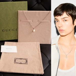 NEW $690 GUCCI Sterling Silver HORSEBIT LOGO Glass Pearl Pendant NECKLACE NWB - Picture 1 of 14
