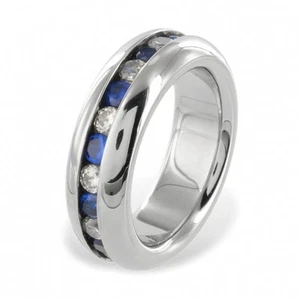 Edelstahlring hochglanzpol. mit Zirkonia Weiß / Saphirblau  Größe  58 (18,4 mm Ø - Bild 1 von 1