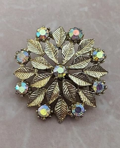 Silver Tone Floral Aurora Borealis Rhinestone Brooch Layered Design Vintage MCM - Picture 1 of 6