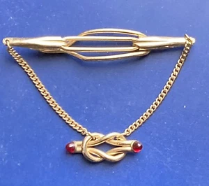 Vintage Anson 2 3/4" Square Knot Gold-tone Tie Bar Clip Red stones - Picture 1 of 6