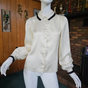 Vtg 80s Ivory Satin Puff Balloon Sleeve Femme Corporate Goth Tuxedo Blouse S/M - Picture 1 of 10