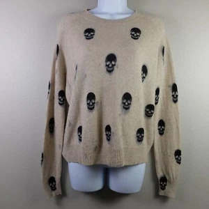 AQUA Skull Print Crewneck Cashmere Sweater Sand Color Size Small - Picture 1 of 9