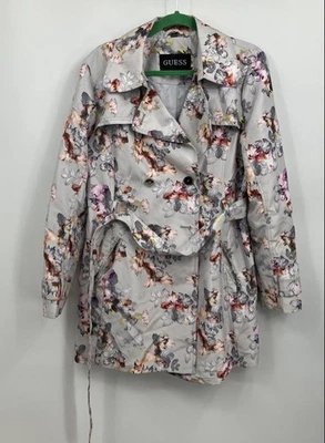 Trench coat feminino Guess cinza floral manga longa com cinto peito duplo tamanho XL - Imagem 1 de 4