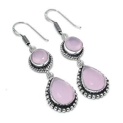 Rose Quartz Gemstone Handmade 925 Sterling Silver Jewelry Earring Size 2" - Image 1 of 2