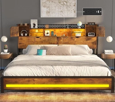 King Size Bed Frame with LED Lights USB Charging Storage Headboard Platform - Image 1 of 4