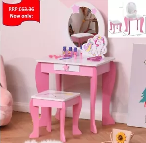 Kids Dressing Table, Girls Vanity Set w/ Mirror and Stool, Unicorn-Designed - Picture 1 of 10