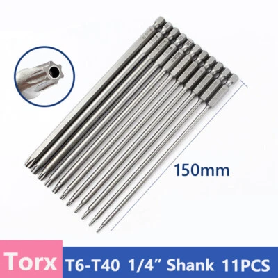 T6-T40 Torx Screwdriver Bit Set Long Reach 150mm Security Magnetic Hex Shank 1/4 - Image 1 of 4