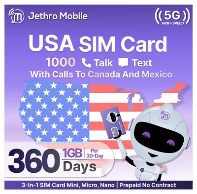 $7.10/Mo Jethro Mobile Prepaid Phone Plan: 1GB Data, 1000 Talk & Text SIM Card - Image 1 of 4
