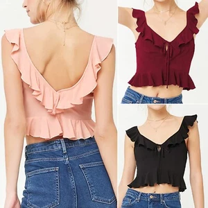 Sexy Women Crop Tops V Neck Slim Fit Blouse Ruffle Trim T-Shirt Top Camisole US - Picture 1 of 22