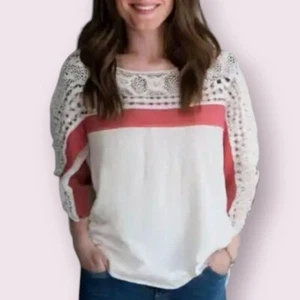 We The Free Boho Crochet Top Small Side Slits Long Sleeves White Coral Medium - Picture 1 of 14