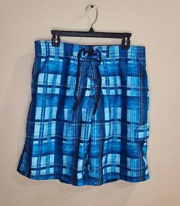 SPEEDO Swim Trunks/ Board Shorts mens large Black Blue And White plaid Pockets
