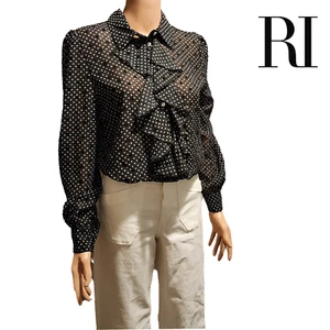 River Island polka dot long sleeve ruffle shirt NWT Black & White Size 6 - Picture 1 of 11