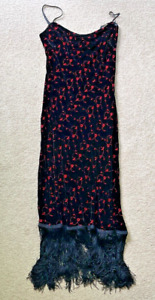 Betsey Johnson VTG Velvet Slip Dress Fringe Bottom Y2k Black Red Floral Size 4