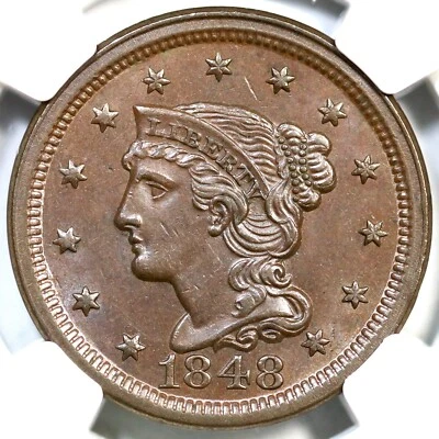 1848 N-28 R-1 NGC MS 64 BN Braided Hair Large Cent Coin 1c - Image 1 of 3
