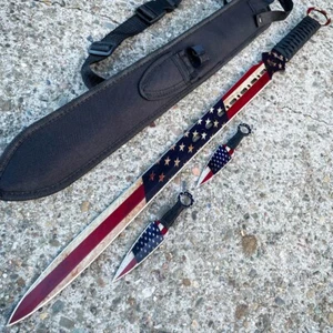 27" American USA Flag Katana Sword Machete Tactical Blade + Throwing Knife Set - Picture 1 of 6