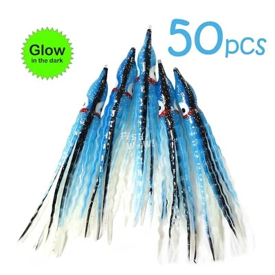 Peces azules brillantes 50 piezas ¡GUAU! Faldas de calamar de 5" pulpo Hoochies arrugado ola de arrastre Foto 1 de 4