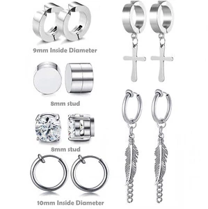 6 Pair Men Women Stainless Steel Cross Hoop Stud Earrings Non Piercing Fake Ear - Picture 1 of 12
