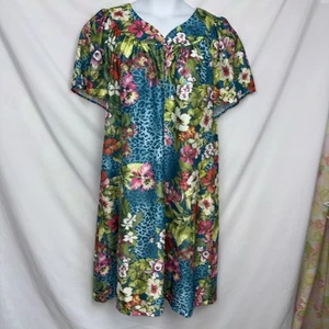 National Patio House Dress Womens 1X Floral Tropical Mumu Polyester Flowers PJ - Picture 1 of 9