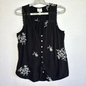 Knox Rose Swing Top M schwarz Häkel Stickerei ärmellos Bluse Knöpfe Viskose - Bild 1 von 7