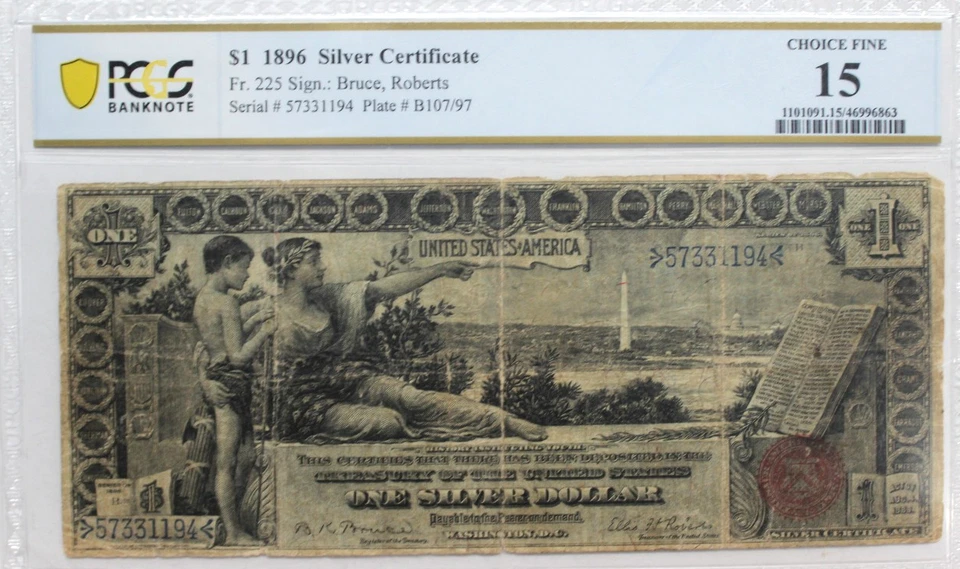 1896 $1 Dollar Silver Certificate FR 225 EDUCATIONAL NOTE, PCGS 15 SCARCER COMBO - Image 1 of 4
