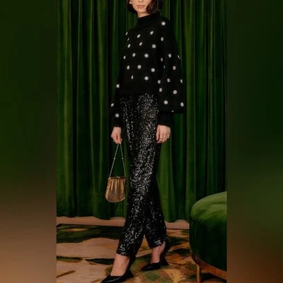 Farm Rio Black Sequin Straight Leg Pants - L | Sparkle Chic Classy Night Out - Image 1 of 4