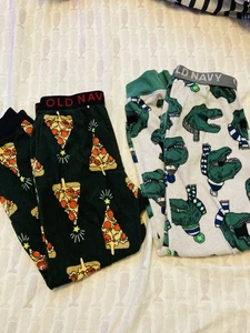 Old Navy Fleece Pajama Pants Size 8 Medium (2 Pairs) Dinosaur and Pizza Print - Picture 1 of 11