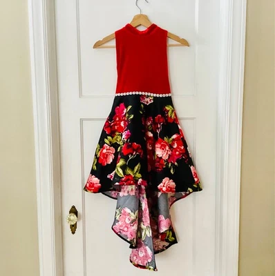 Vestido de Fiesta SPEECHLESS Niñas Grandes Floral Cuello Halter Rojo Terciopelo Alto-Bajo Talla 8 Foto 1 de 4
