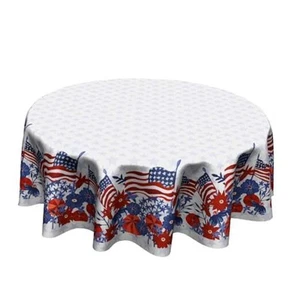 Patriotic Red and Blue Flowers Tablecloth Round 60 Inch 4th of July Flag-4 - Picture 1 of 8