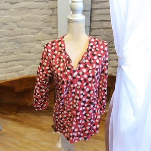 Liz Claiborne Top Medium Red Black Print Long Sleeve Stretch Keyhole T24 - Picture 1 of 7