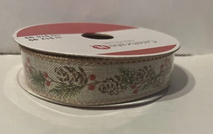 7/8” x 18 Ft Wired ribbon. Pine cones On BeIge With Gold Accents. Celebrate It - Picture 1 of 6