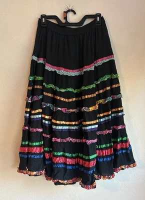 Vintage 90s Carrie Allen Tiered Ruffle Midi Circle Skirt L Peasant Boho Artsy - Image 1 of 4