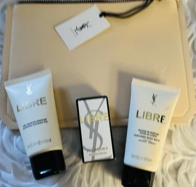 NUEVO 4 PIEZAS YSL Libre Juego de Viaje EDP 7,5 ml/Gel de Ducha y Bálsamo Corporal 50 ml y Bolsa Foto 1 de 4