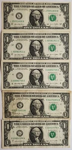 Billetes de un dólar de $1 de cinco fechas número de serie elegante - Imagen 1 de 2