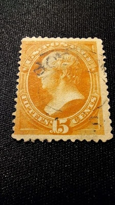 Estados Unidos, sello: Scott #152 U/F/H, 15 centavos, naranja, Webster, 1870, perf 12, sin parrilla Foto 1 de 2