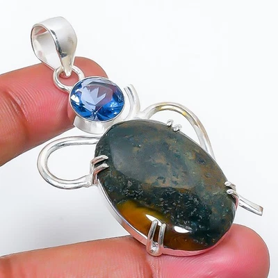 Ciondolo gioiello in argento sterling 925 con pietra preziosa muschio indiano... - Immagine 1 di 4