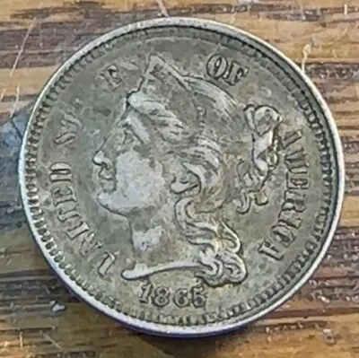 1865 3 Cent Nickel Super Original XF/AU Antique Patina CHRC - Image 1 of 2