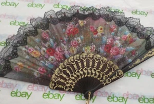 Old Vintage Antique HAND HELD BLACK LACE FAN Gold Feminine Flowers ARTIST SIGNED - Picture 1 of 12
