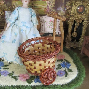 Dollhouse BABY DOLL BASKET CARRIAGE Woven Wicker FOOD CART Cradle Dog Stroller - Picture 1 of 7